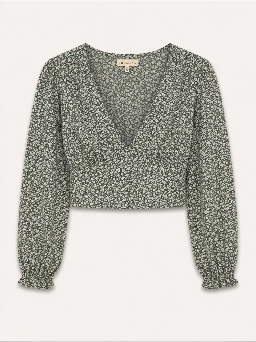 Promesa Green Floral V-Neck Long Sleeve Smocked Waist Crop Top